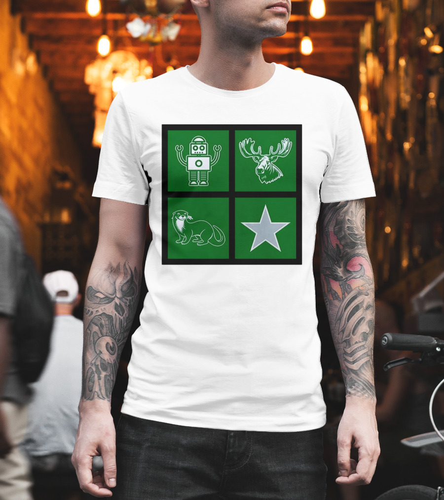 Robot Moose Otter Star Quadrant On Green T-Shirt