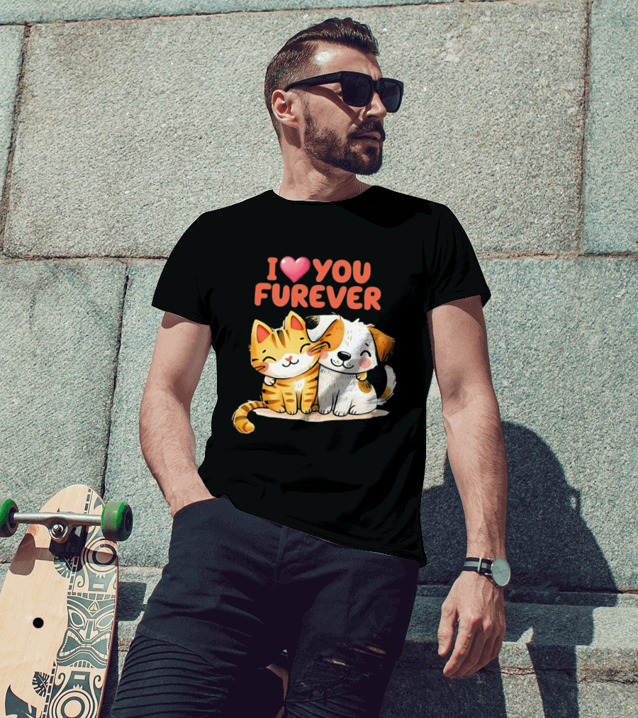 I Love You Furever Cat Hugging Dog T-Shirt