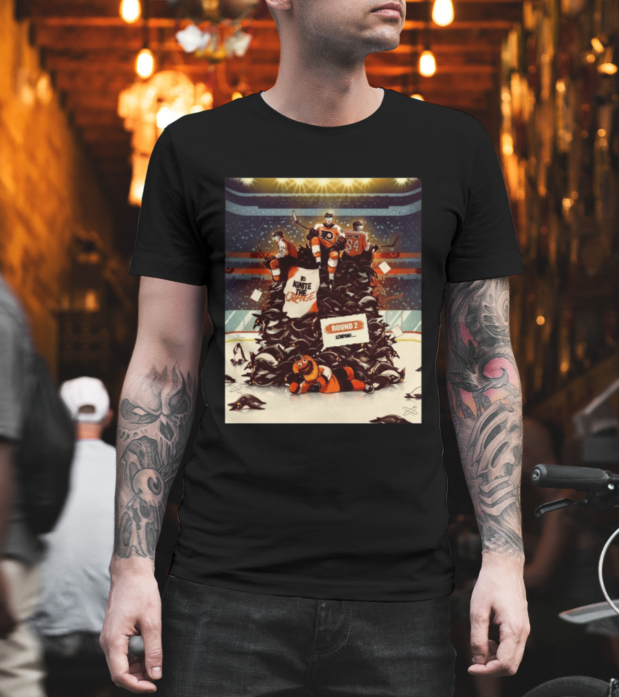 Philadelphia Flyers Ignite The Orange Round 2 Loading Cartoon Hockey Battle T-Shirt