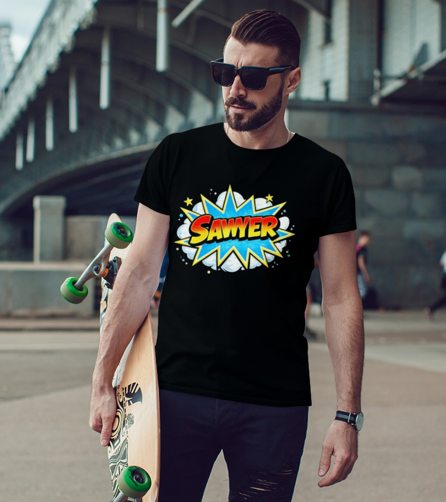 Sawyer Comic Book Style Burst Name With Stars And Clouds T-Shirt