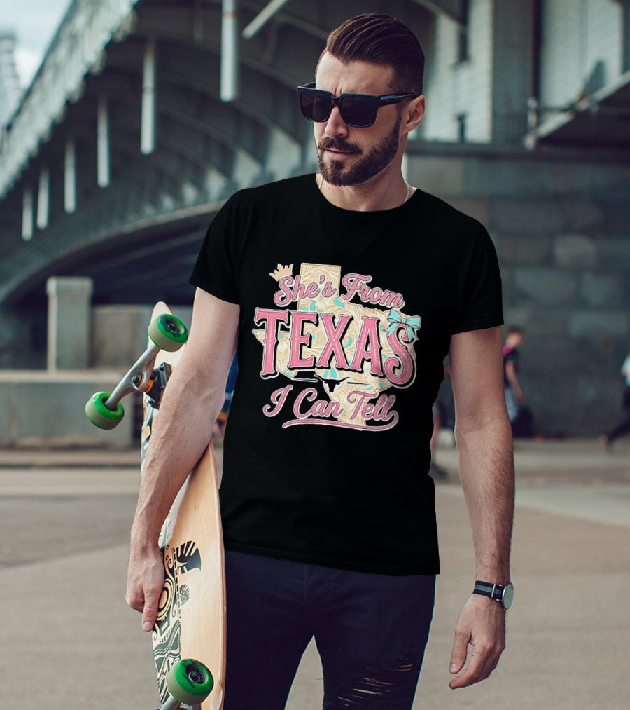 She's From Texas I Can Tell Texas Map Crown Bow T-Shirt