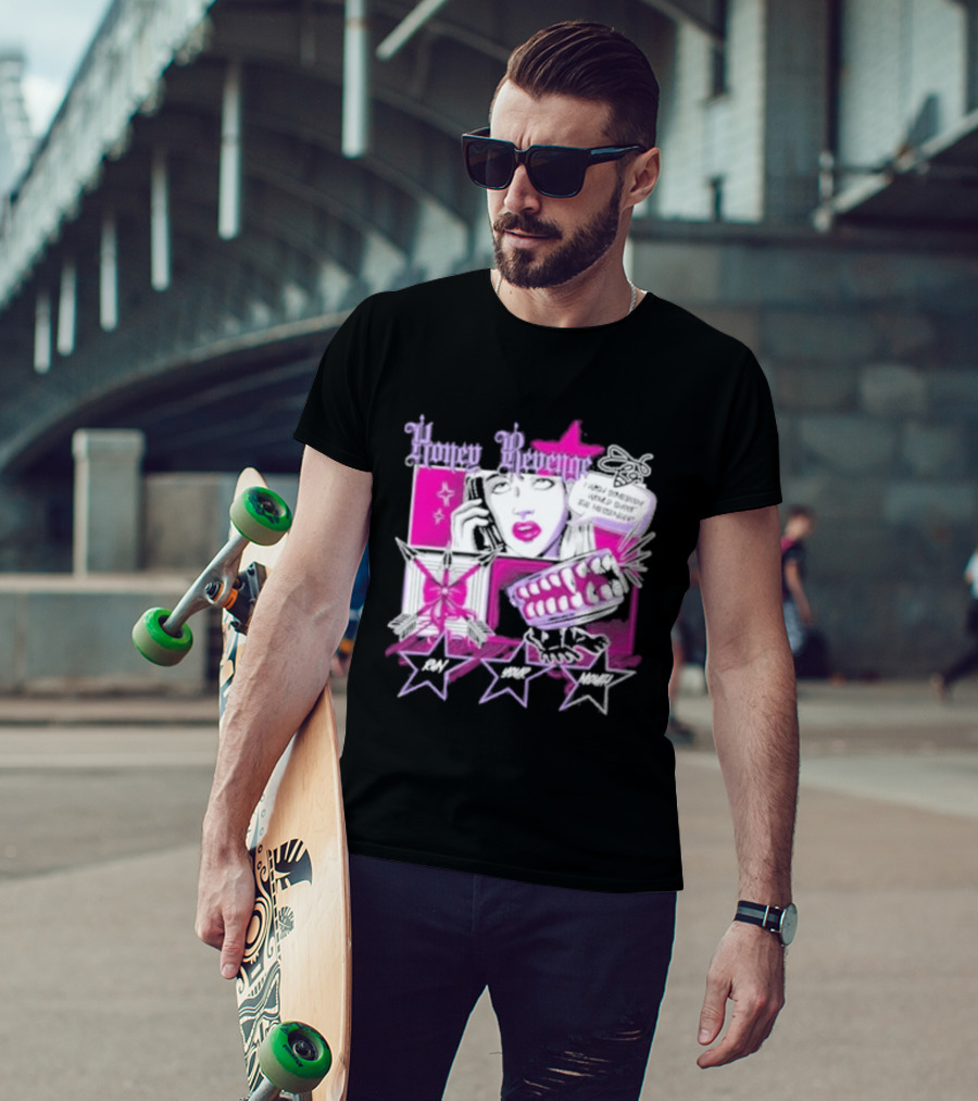Honey Revenge Comic Style Pink And Black Lips Starburst T-Shirt