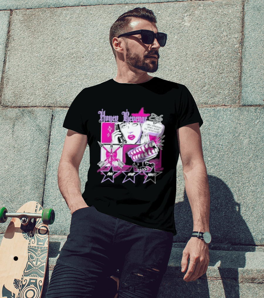 Honey Revenge Comic Style Pink And Black Lips Starburst T-Shirt