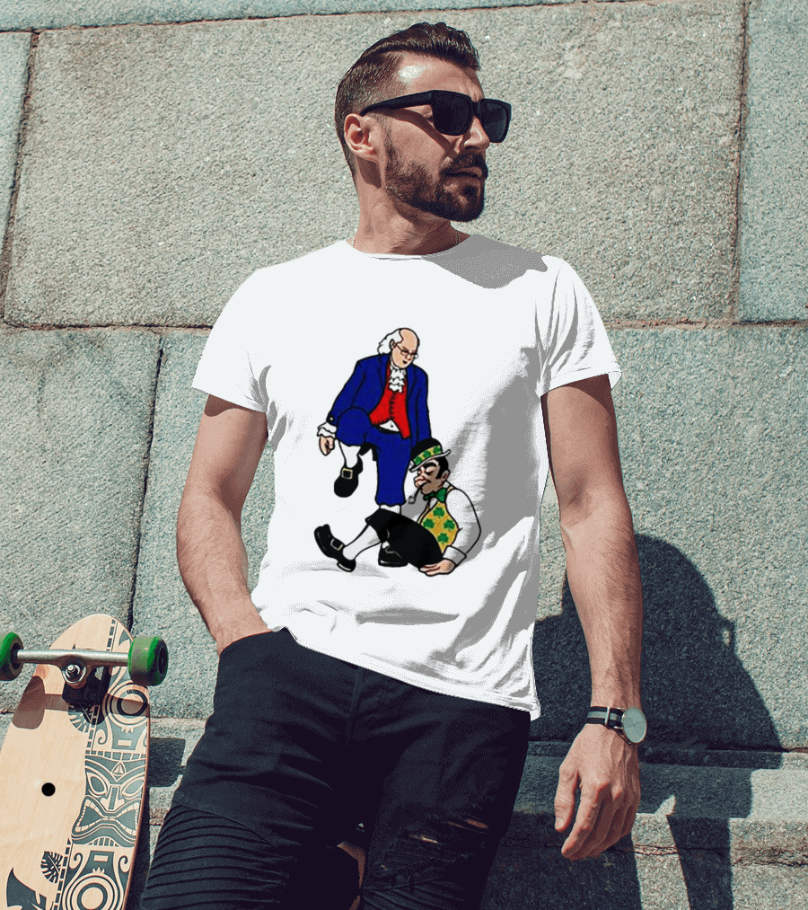 Ben Franklin Stepover Cartoon Colonial Vs Leprechaun T-Shirt