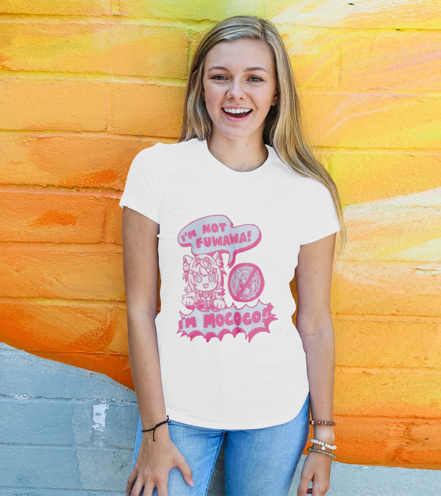 I'm Not Fuwawa I'm Mococo Anime Character Expression Pink And White Speech Bubbles T-Shirt
