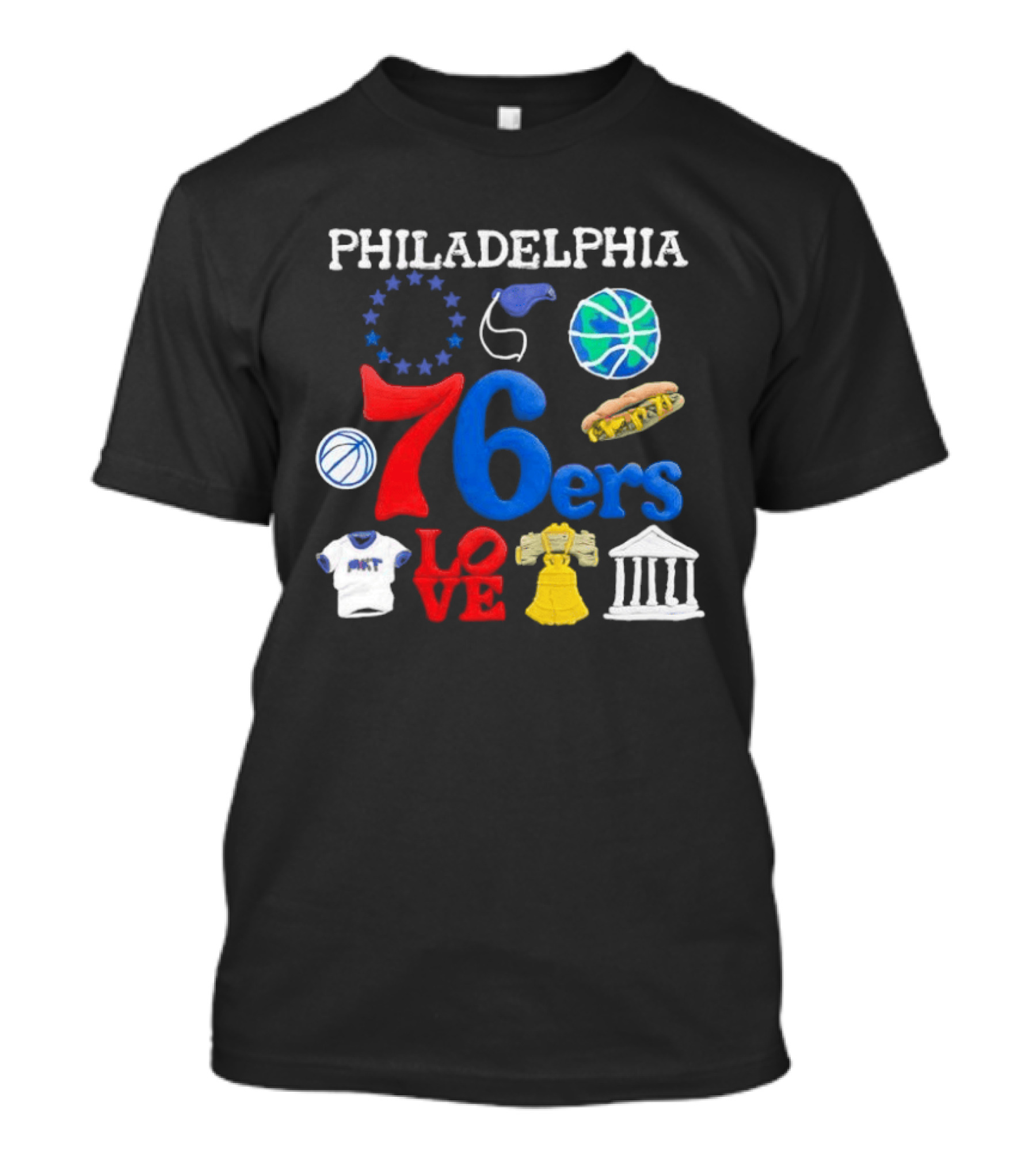Philadelphia 76ers Claymation Icons Hot Dog Liberty Bell Basketball LOVE Statue City T-Shirt
