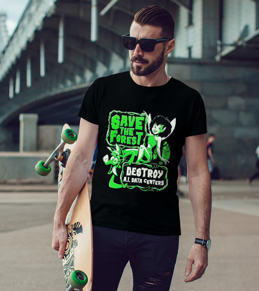 Save The Forest Destroy A.I. Data Centers Cartoon Fairy And Boar T-Shirt
