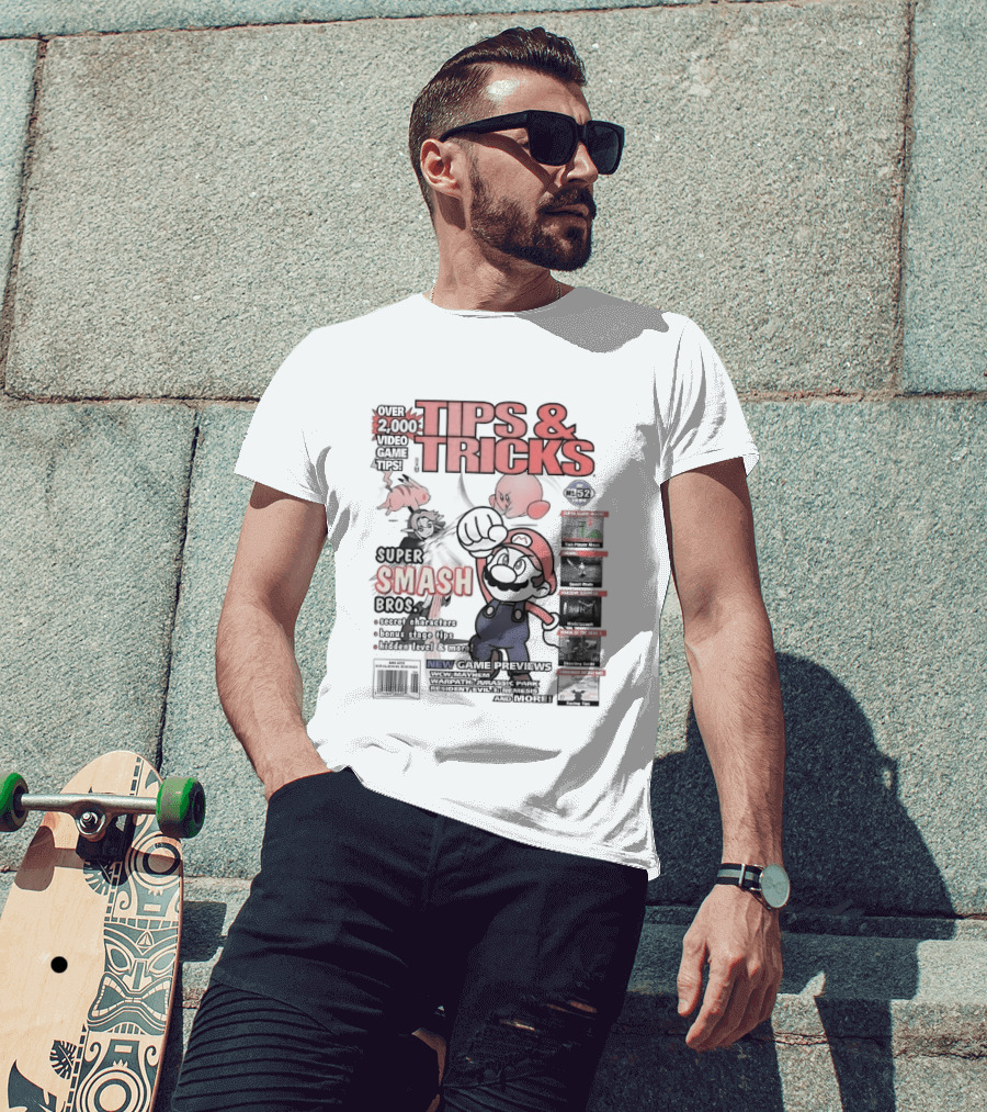 Super Smash Bros Over 2000 Video Game Tips And Tricks Retro Cover Mario Kirby Characters T-Shirt