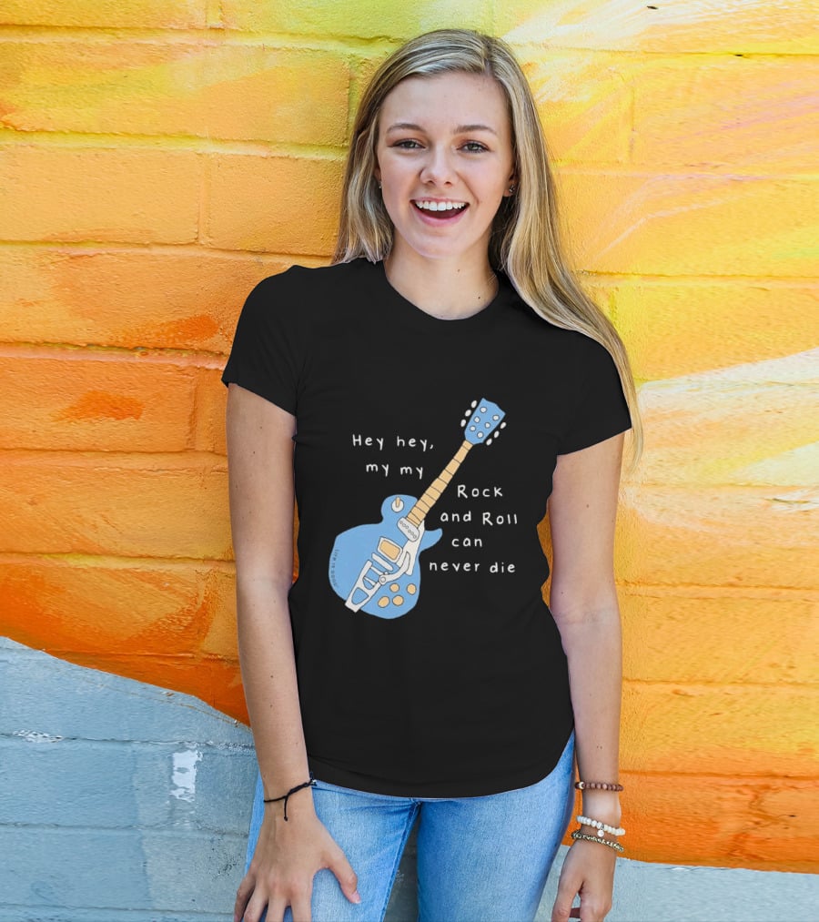 Hey Hey My My Rock And Roll Can Never Die Blue Guitar T-Shirt