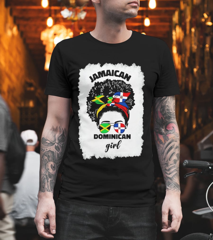 Jamaican Dominican Girl Afro Headwrap Flag Sunglasses T-Shirt
