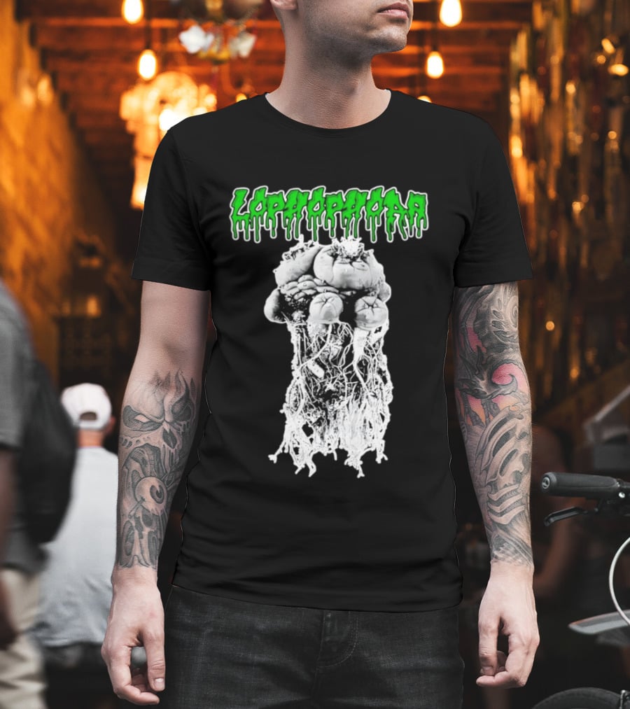 Lophophora Cactus Dripping Text With Detailed Root T-Shirt