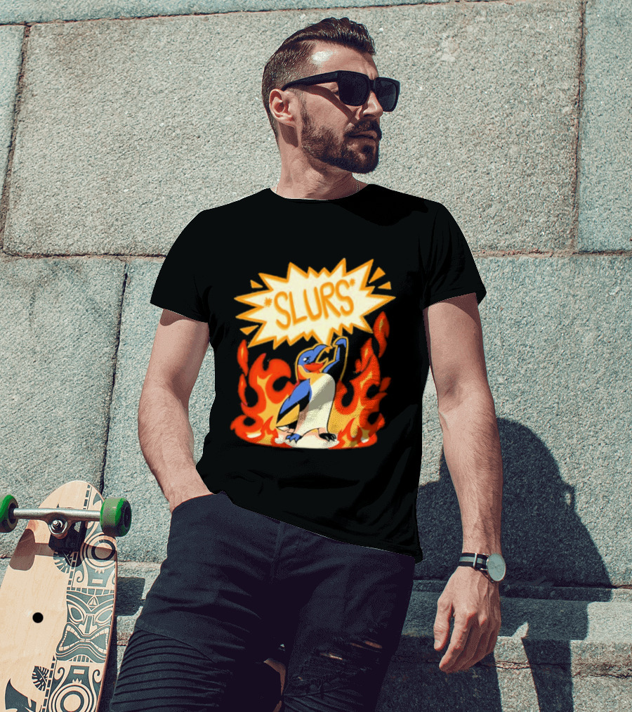 Penguin Slurs Cartoon Flaming Penguin In Fiery Speech Bubble T-Shirt