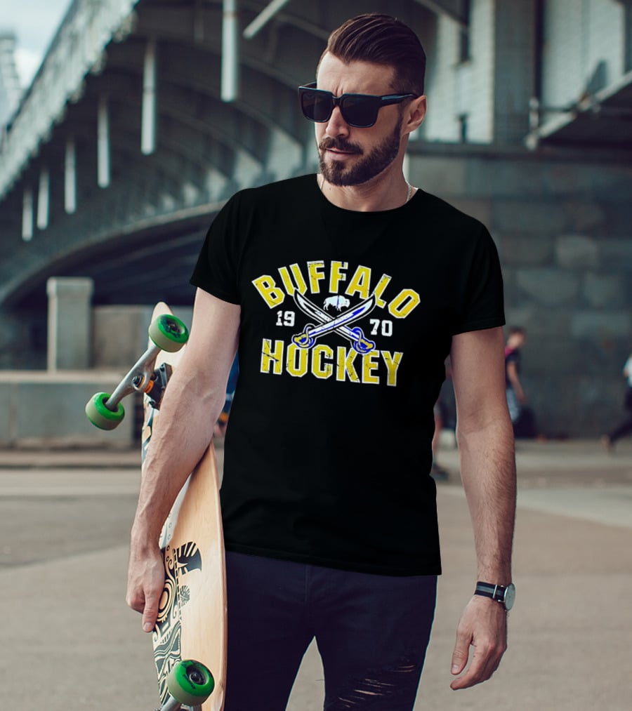 Buffalo Sabres Hockey 1970 NHL Team Logo With Crossed Swords And Buffalo T-Shirt