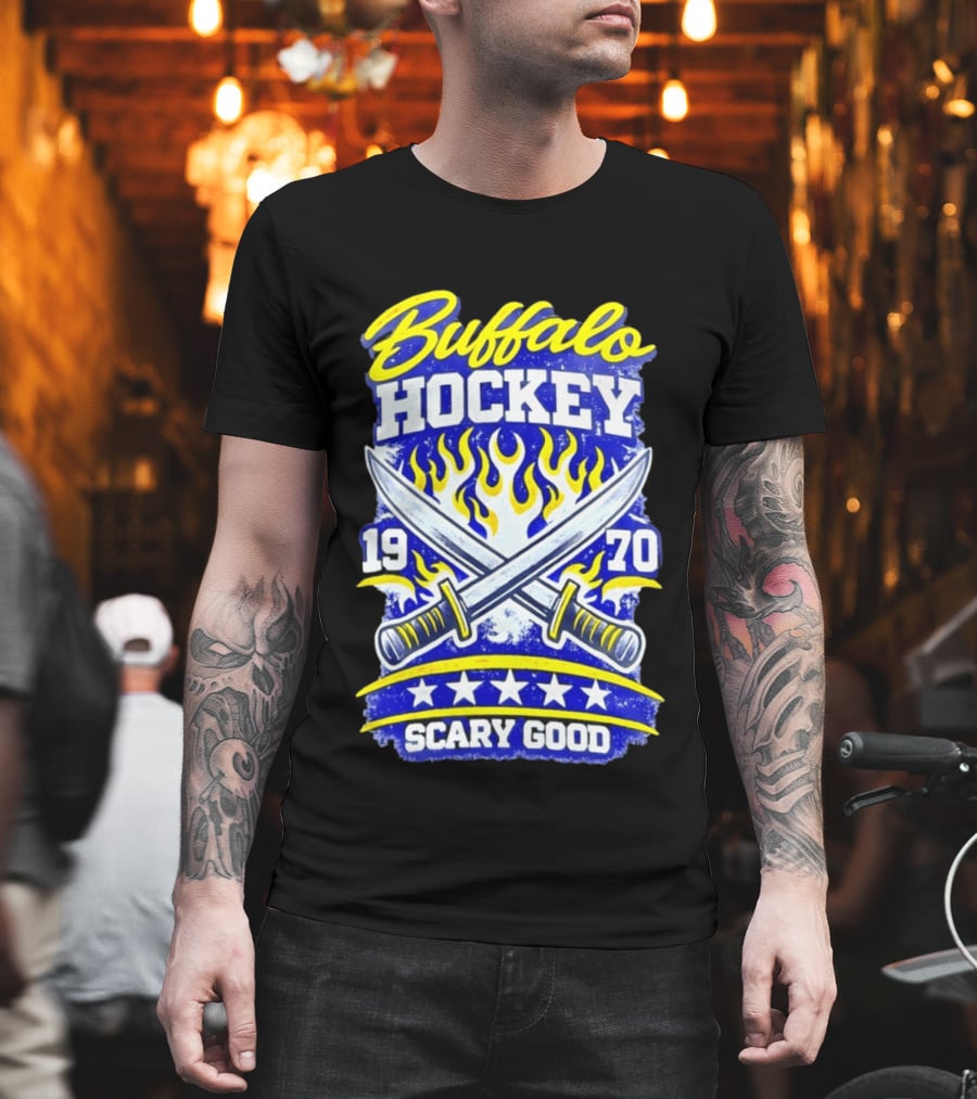 Buffalo Hockey 1970 Scary Good Crossed Swords Flames T-Shirt