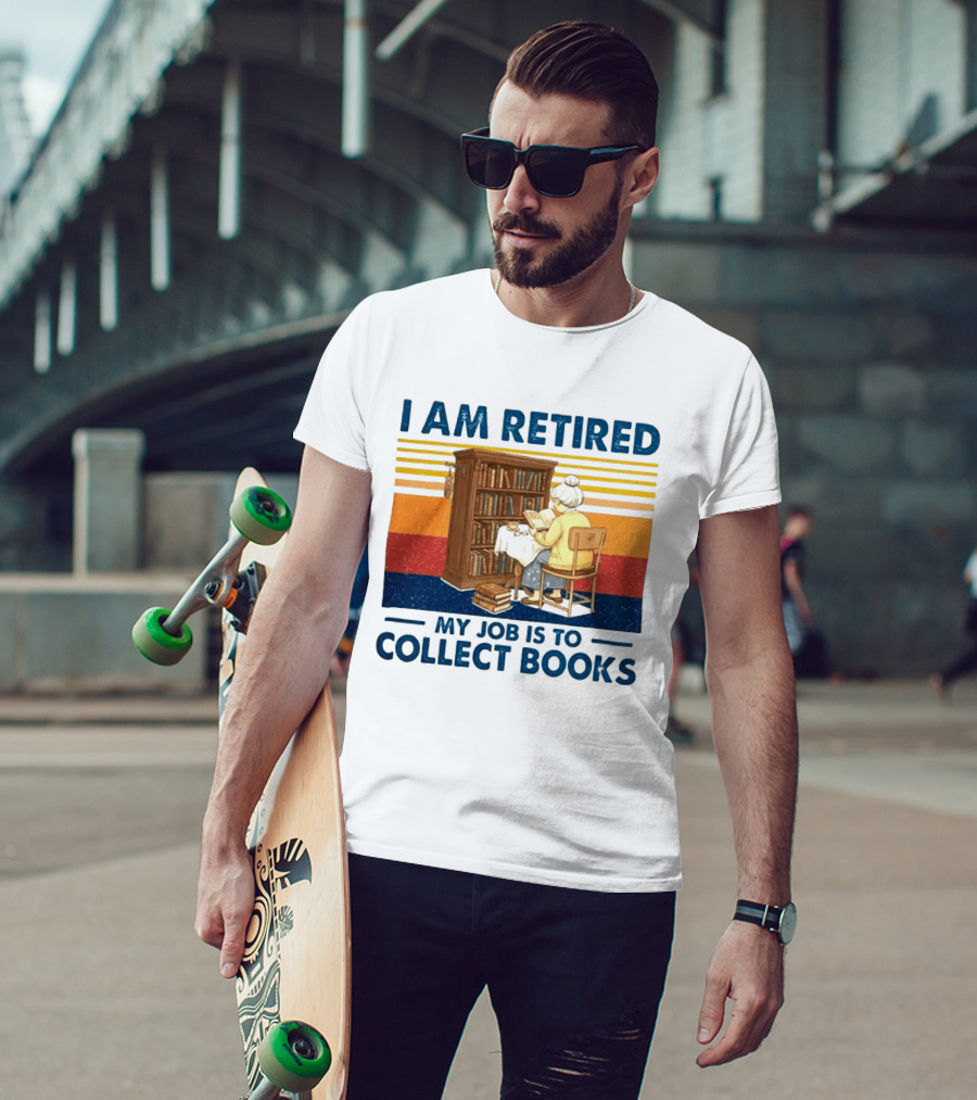 I Am Retired My Job Is To Collect Books Reading Bookshelves Retro Stripes T-Shirt