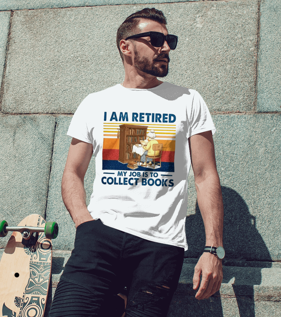 I Am Retired My Job Is To Collect Books Reading Bookshelves Retro Stripes T-Shirt