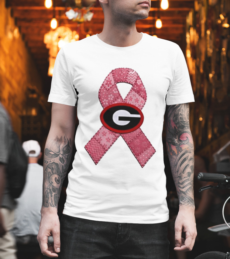 Georgia Bulldogs Patchwork Pink Ribbon Breast Cancer Awareness T-Shirt
