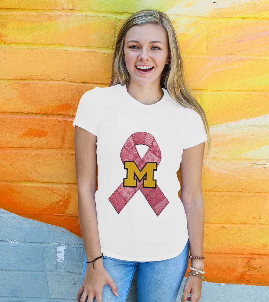 Michigan Wolverines Breast Cancer Awareness Pink Ribbon Patch T-Shirt