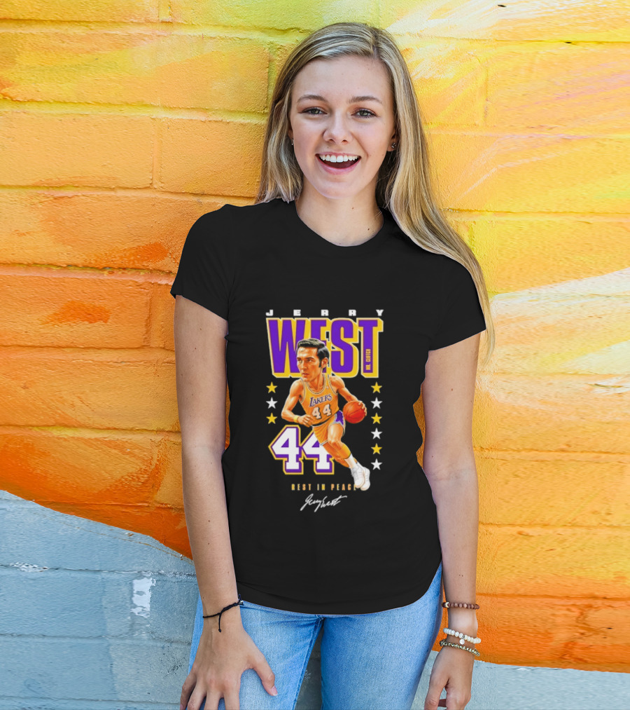 Jerry West Lakers 44 Rest In Peace Caricature Basketball Legend T-Shirt