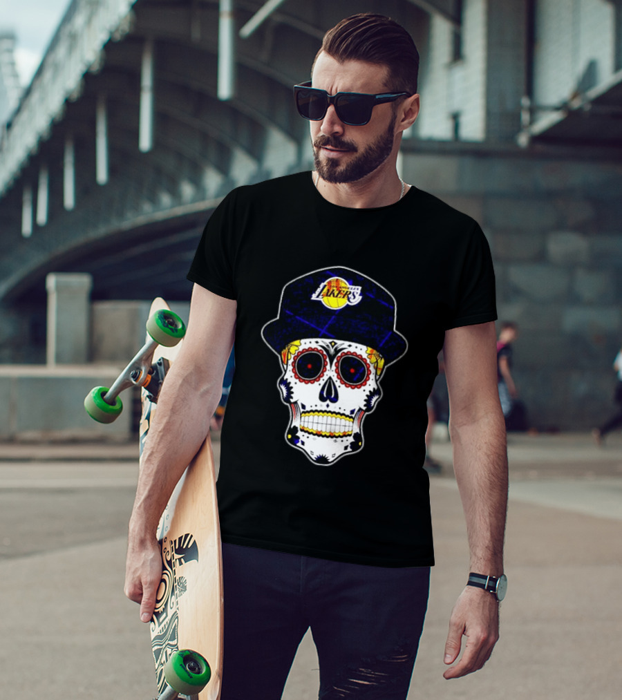 Los Angeles Lakers Sugar Skull Día De Muertos Hat Butterfly T-Shirt
