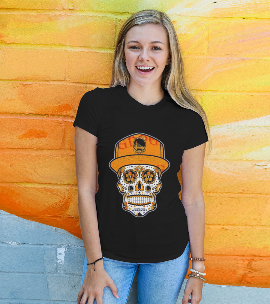 Golden State Warriors Sugar Skull Día De Muertos Cap And Floral T-Shirt