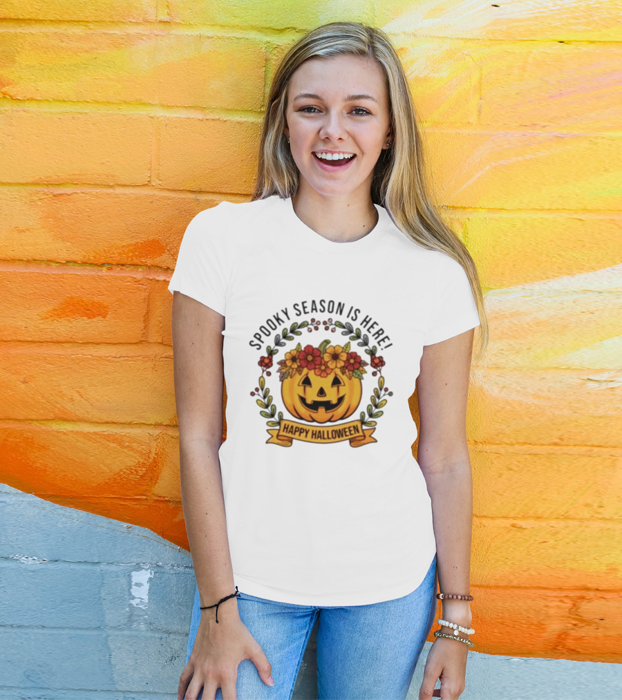 Spooky Season Is Here Happy Halloween Pumpkin With Flowers T-Shirt