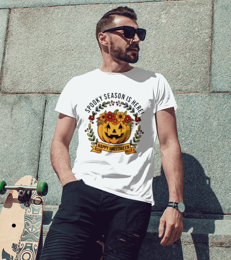 Spooky Season Is Here Happy Halloween Pumpkin With Flowers T-Shirt