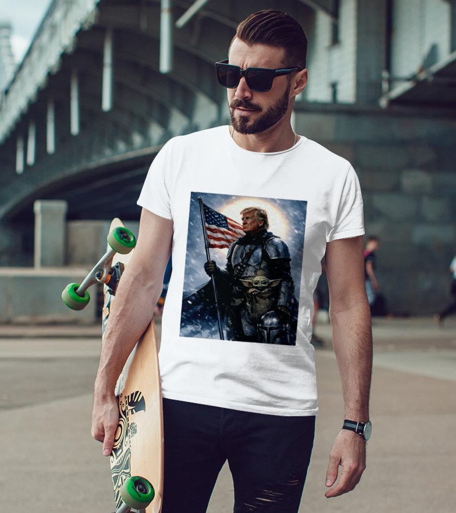 Donald Trump As The Mandalorian Holding American Flag With Grogu Star Wars T-Shirt