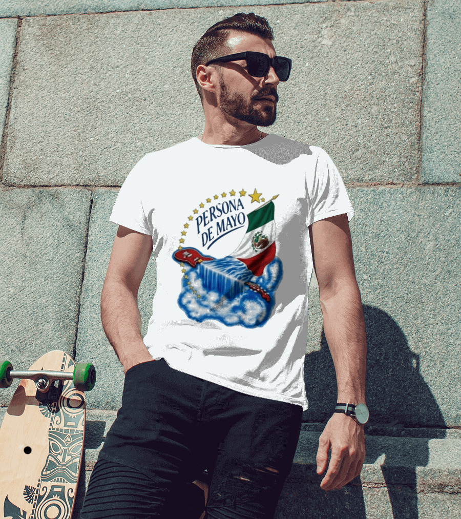 Persona De Mayo Mexican Flag Guitar Waterfall Stars T-Shirt