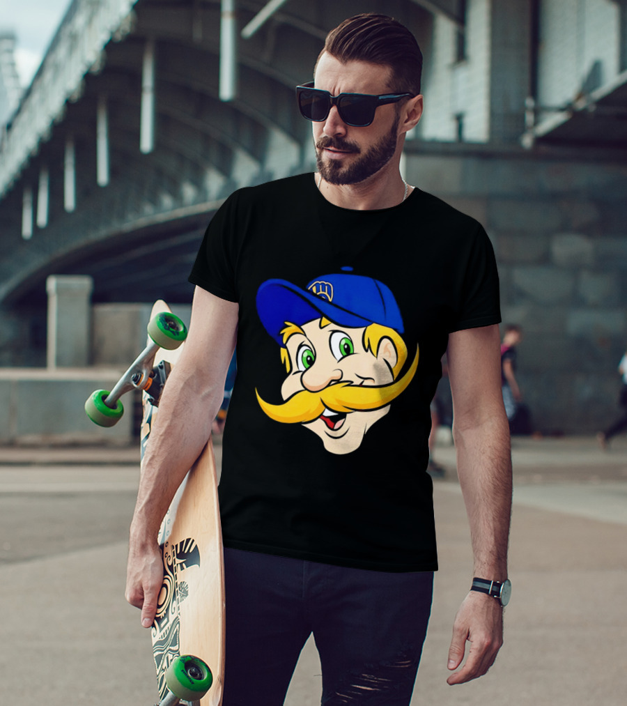 Milwaukee Brewers Big Face Mascot With Blue Cap And Mustache T-Shirt