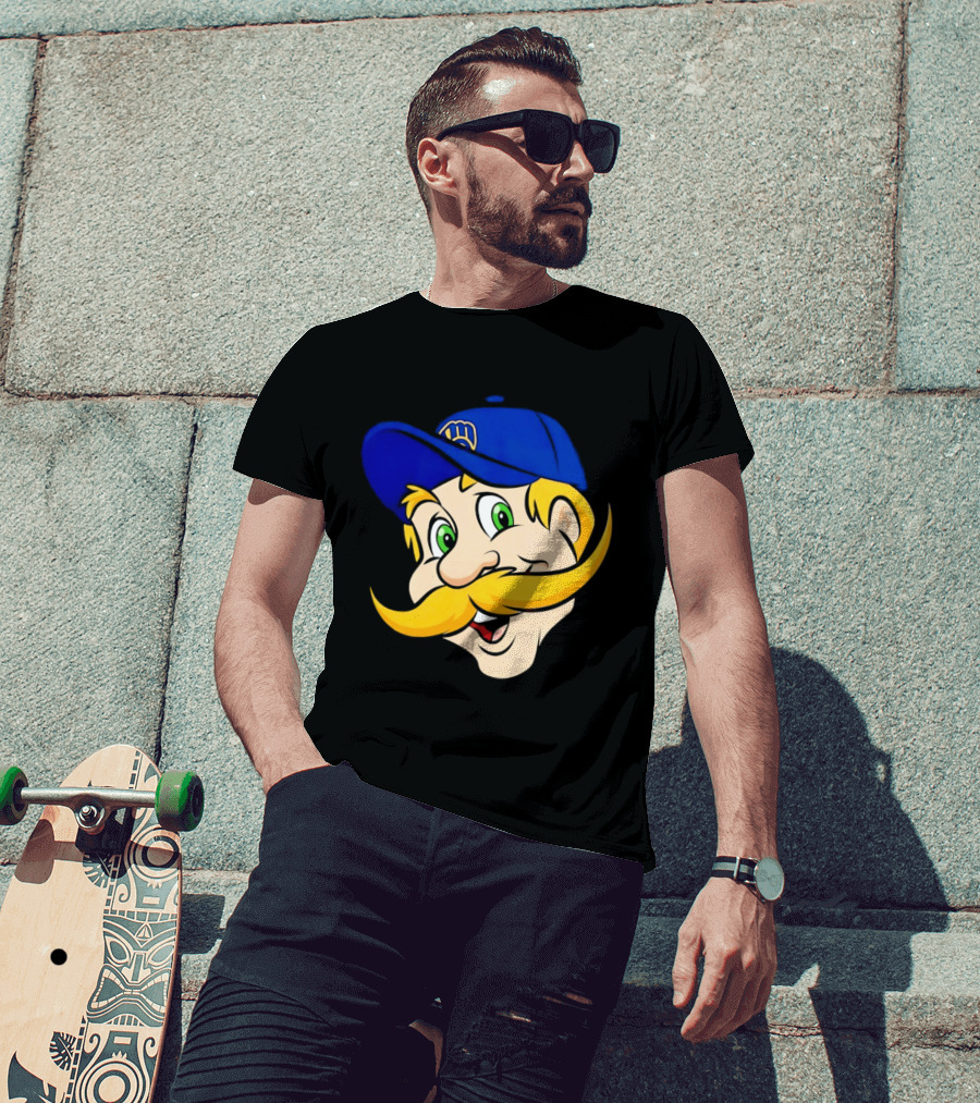 Milwaukee Brewers Big Face Mascot With Blue Cap And Mustache T-Shirt
