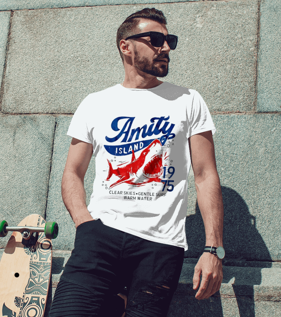 Amity Island 1975 Clear Skies Gentle Surf Warm Water Shark T-Shirt