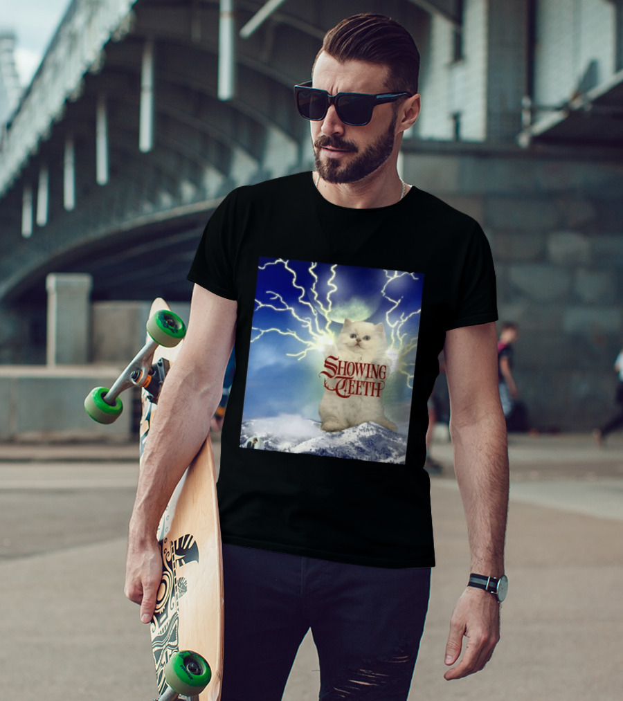 Showing Teeth Cat With Lightning Background In Blue Sky T-Shirt