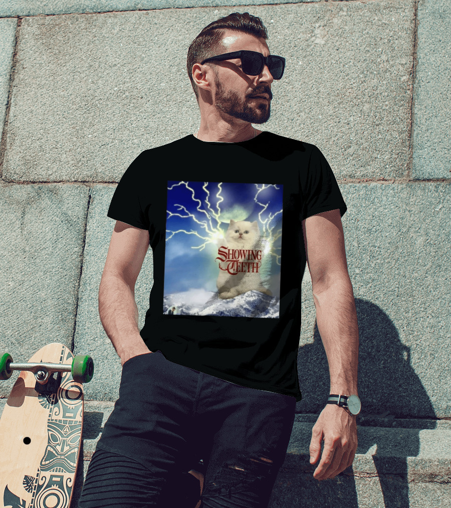 Showing Teeth Cat With Lightning Background In Blue Sky T-Shirt