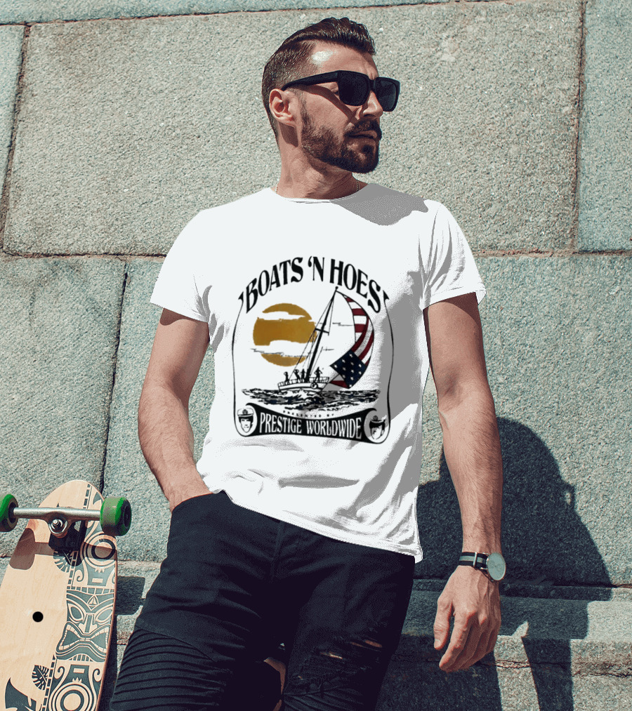 Boats N Hoes Prestige Worldwide USA Flag Sailing Sun Ocean T-Shirt