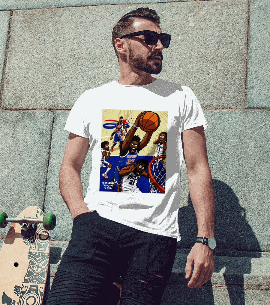 New York Knicks Mitchell Robinson Dunking On Philadelphia Joel Embiid Caricature 2026 Basketball Action T-Shirt