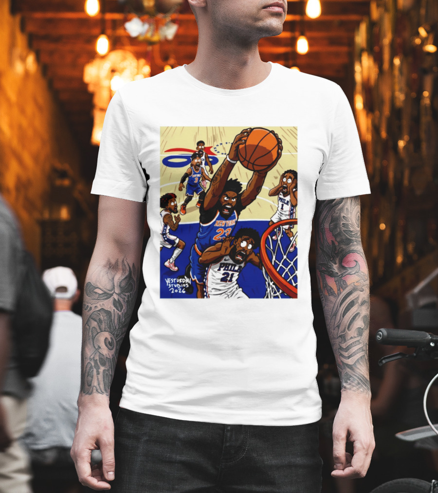 New York Knicks Mitchell Robinson Dunking On Philadelphia Joel Embiid Caricature 2026 Basketball Action T-Shirt
