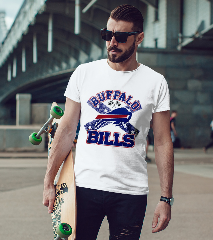 Buffalo Bills Caricature With Flag And Crossed Checkered Flags T-Shirt