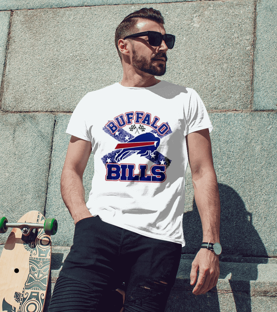 Buffalo Bills Caricature With Flag And Crossed Checkered Flags T-Shirt
