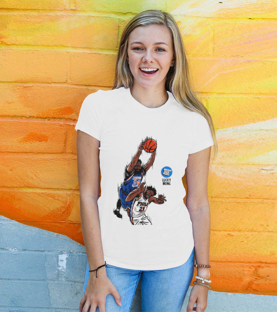 Knicks Vs 76ers Game 4 Iconic Moment Joel Embiid Mitchell Robinson NBA Matchup T-Shirt