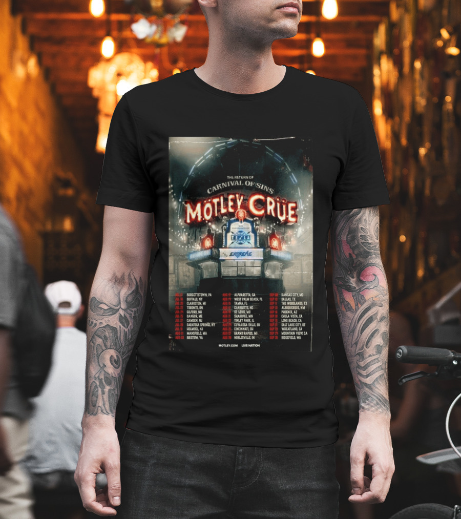 Motley Crue Carnival Of Sins Tour 2026 Featuring Tesla Dates And Locations T-Shirt