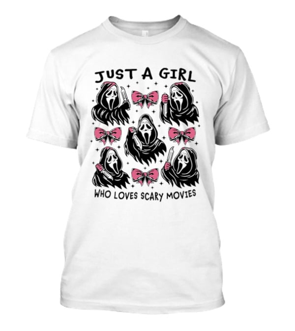 Just A Girl Who Loves Scary Movies Ghost Face Pink Bow T-Shirt