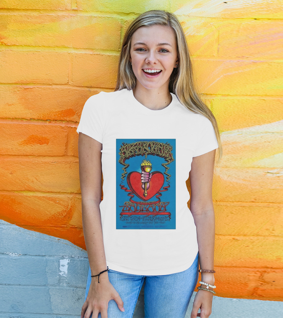 Big Brother The Holding Company Blue Background Red Heart And Torch Iconic Psychedelic T-Shirt