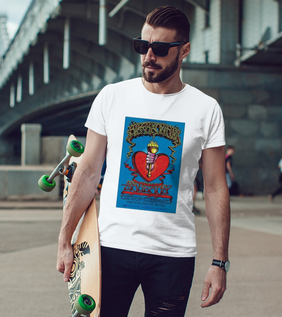 Big Brother The Holding Company Blue Background Red Heart And Torch Iconic Psychedelic T-Shirt
