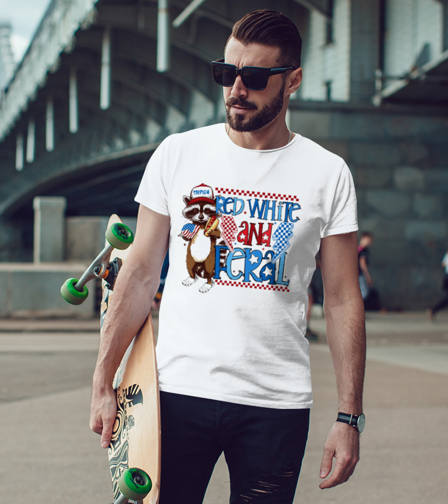Red White And Feral Raccoon Hot Dog Patriotic 4th Of July Celebration T-Shirt