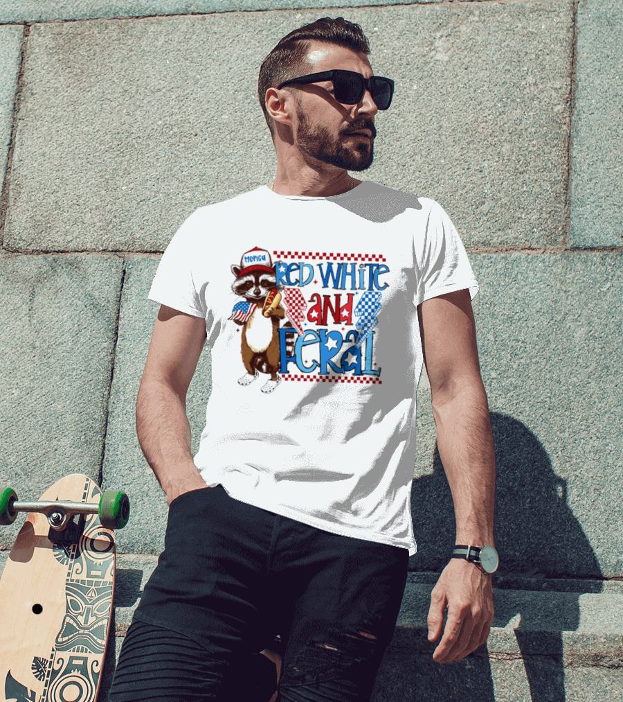 Red White And Feral Raccoon Hot Dog Patriotic 4th Of July Celebration T-Shirt