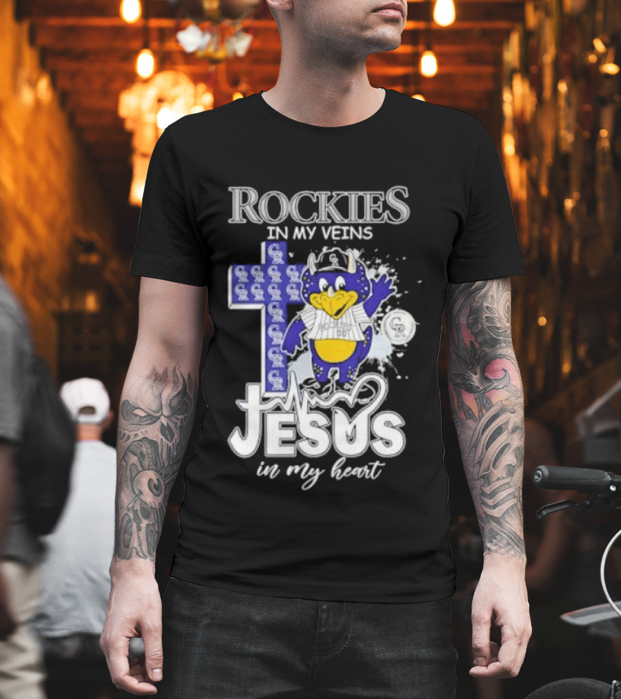 Colorado Rockies Baseball In My Veins Jesus In My Heart Cross Christian Rockies T-Shirt