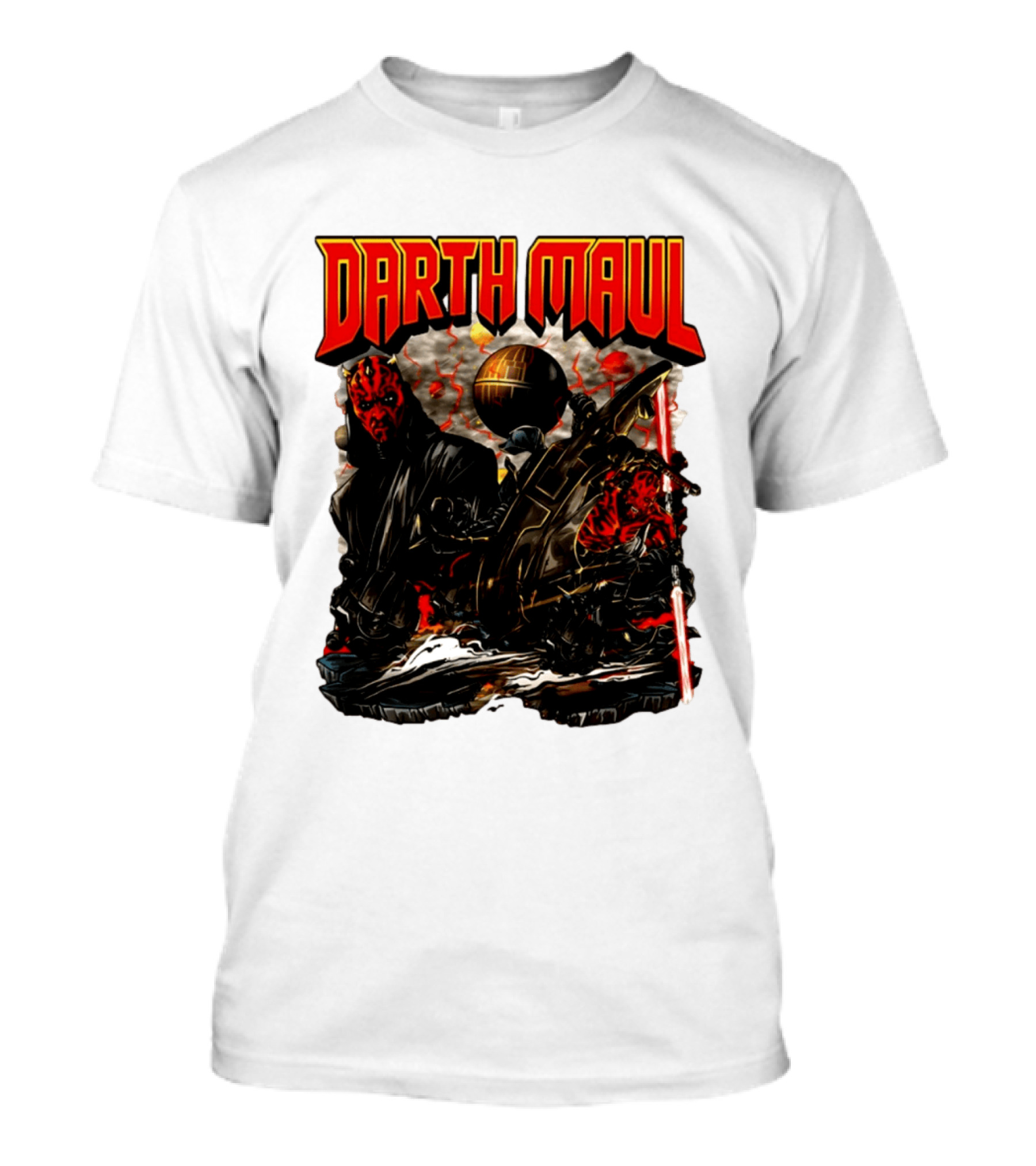 Darth Maul Star Wars Sith Warrior Battle Scene With Lightsaber And The Death Star T-Shirt