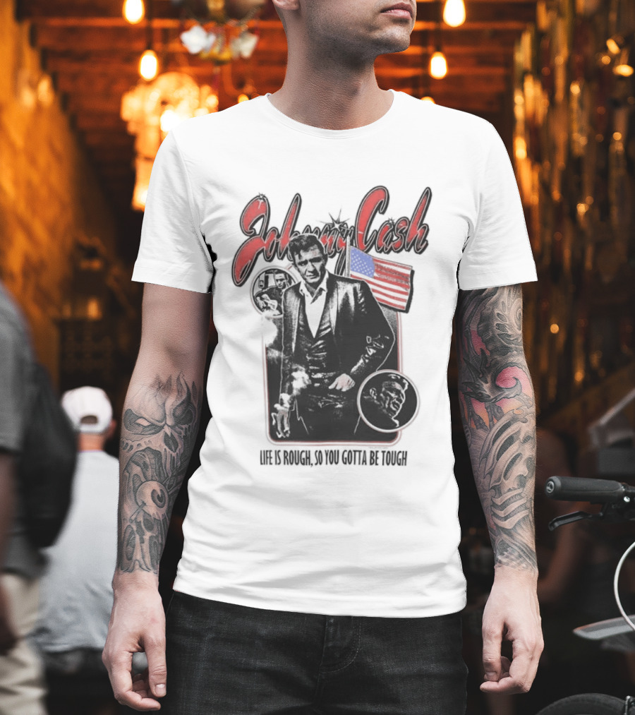 Johnny Cash Life Is Rough So You Gotta Be Tough 1956 Tour USA Flag T-Shirt