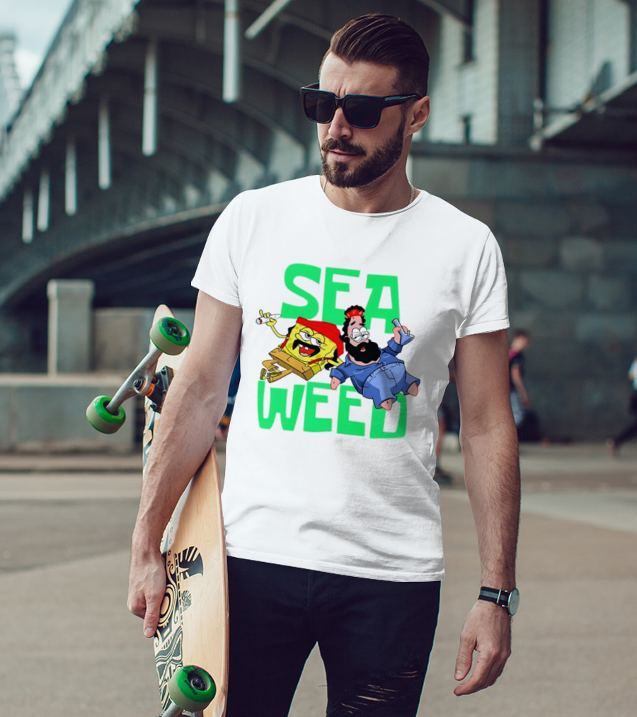 Sea Weed Sponge And Bearded Duo Cartoon Characters T-Shirt